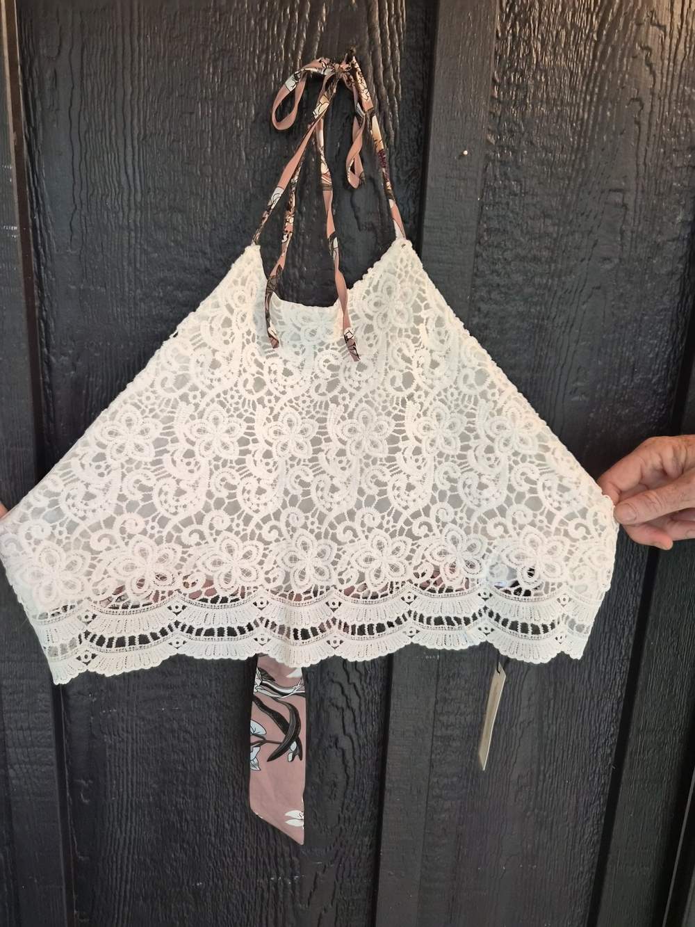 Lace Halter Crop Top in White with Pink Ties